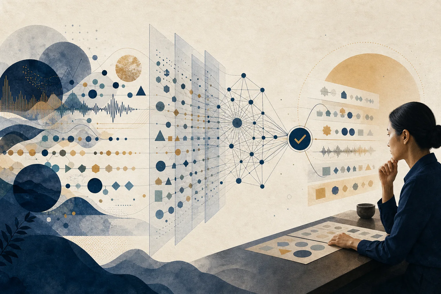 Editorial illustration of translated text flowing between Southeast Asian scripts and symbols