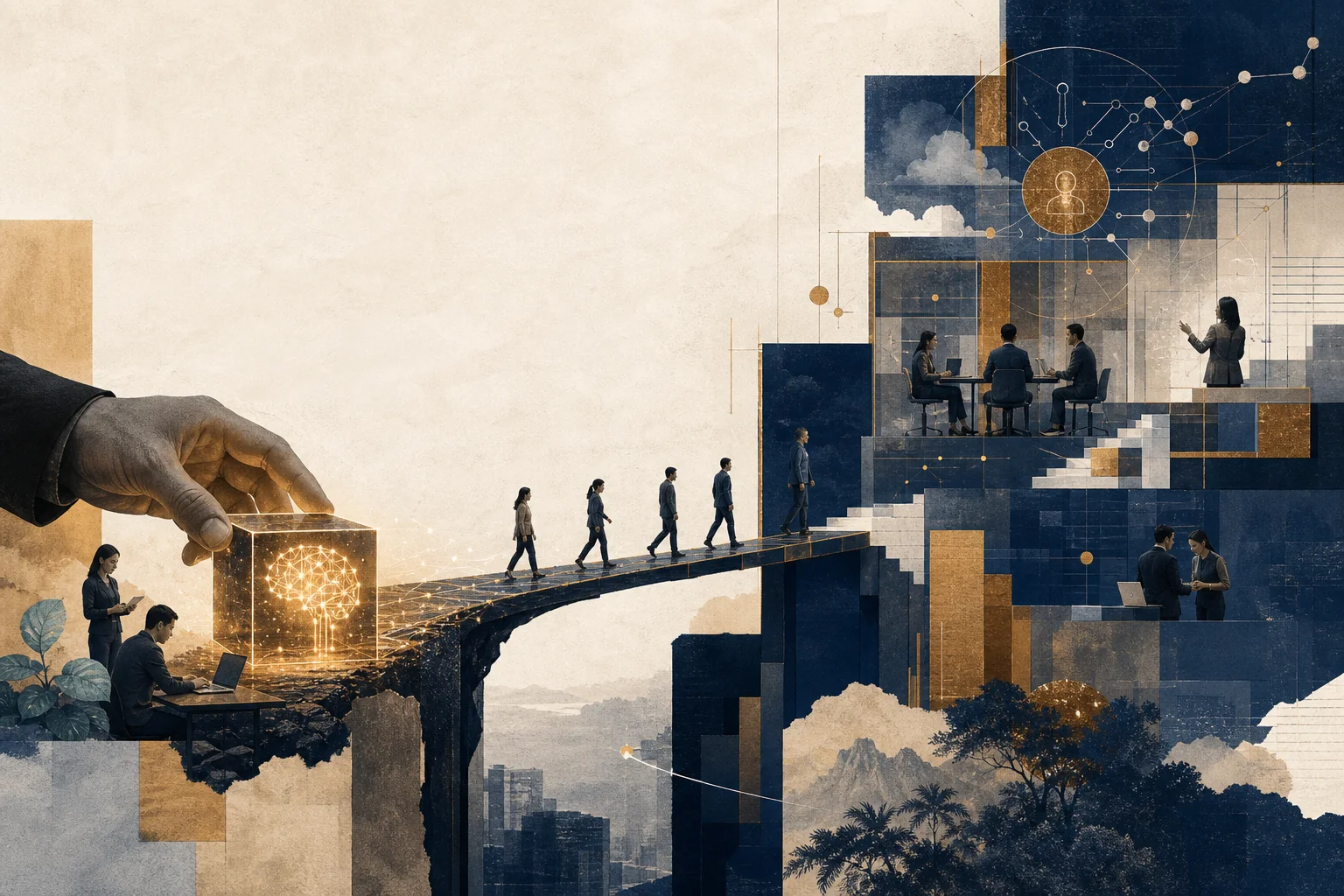 Editorial illustration of a corporate dashboard showing AI project stages from pilot to scale