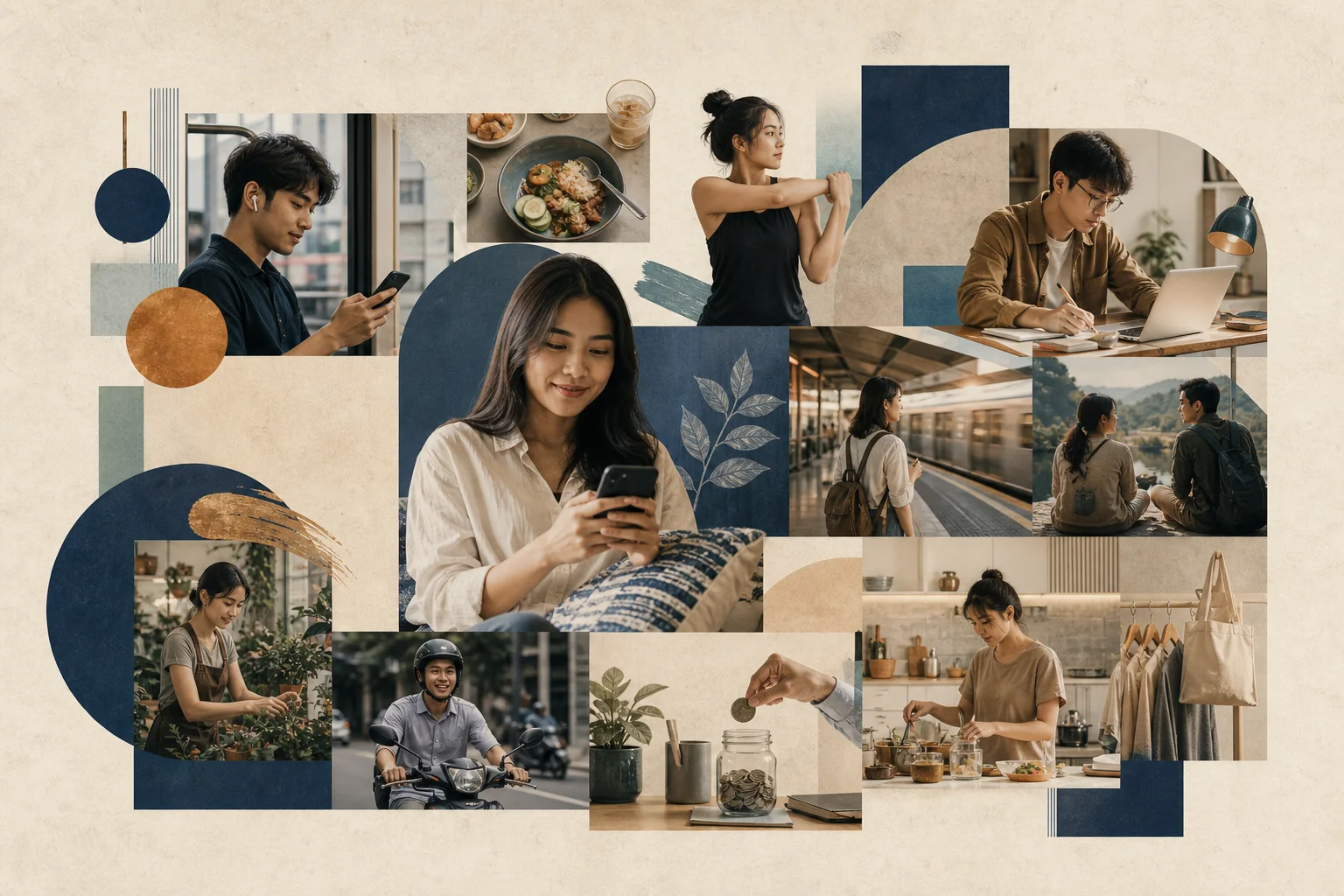 Editorial illustration of young consumers in a Southeast Asian city using mobile devices to shop