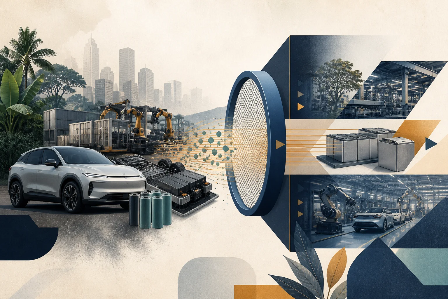 Editorial illustration of electric vehicles on an Indonesian road with policy document overlay