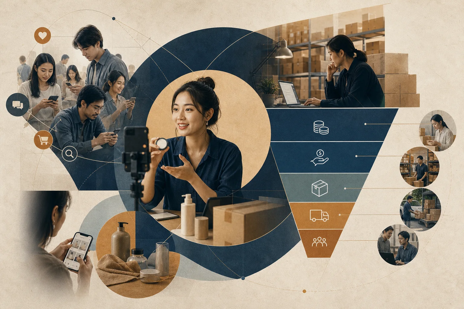 Editorial illustration of a content creator running a live commerce broadcast with product displays