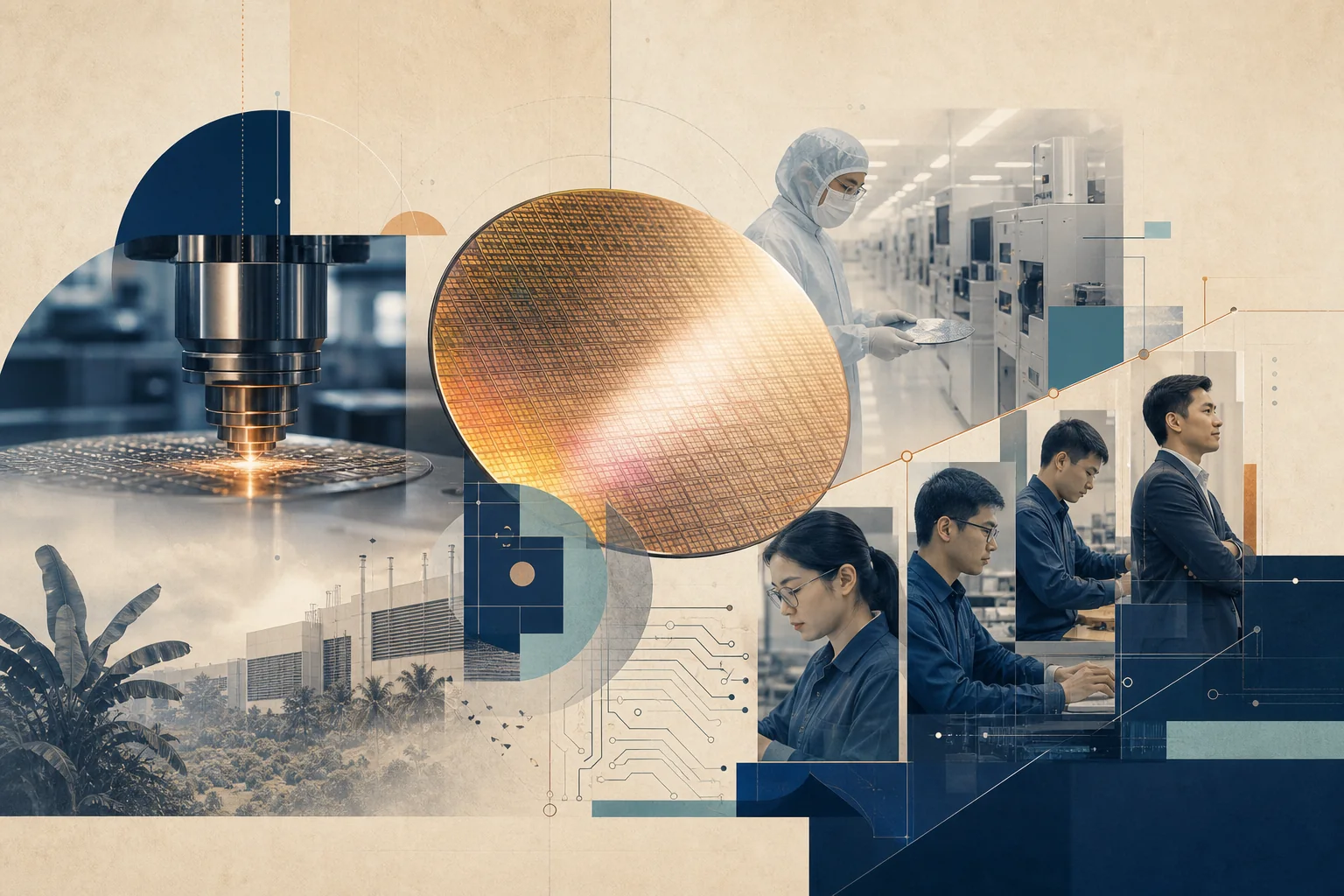 Editorial illustration of a semiconductor fabrication facility in Malaysia with circuit-pattern architecture