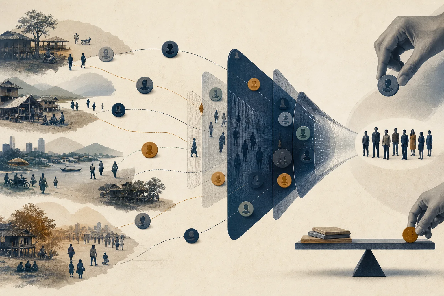 Editorial illustration of a research fieldworker in a Southeast Asian setting with a survey device