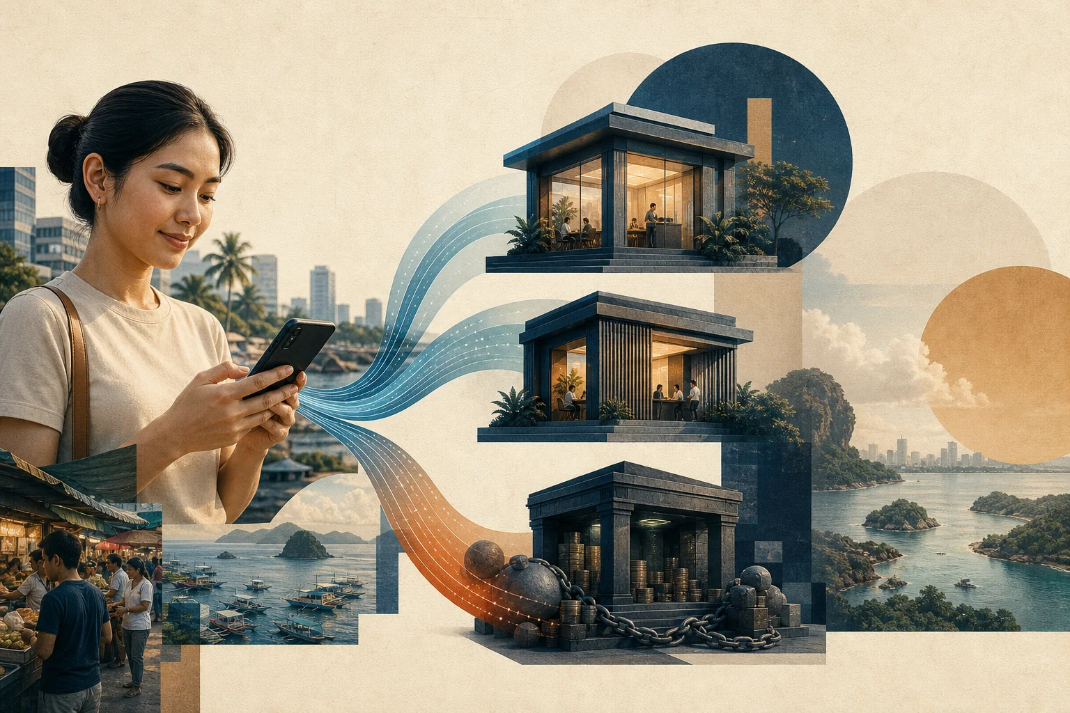 Editorial illustration of a mobile banking app interface with a Philippine city skyline background