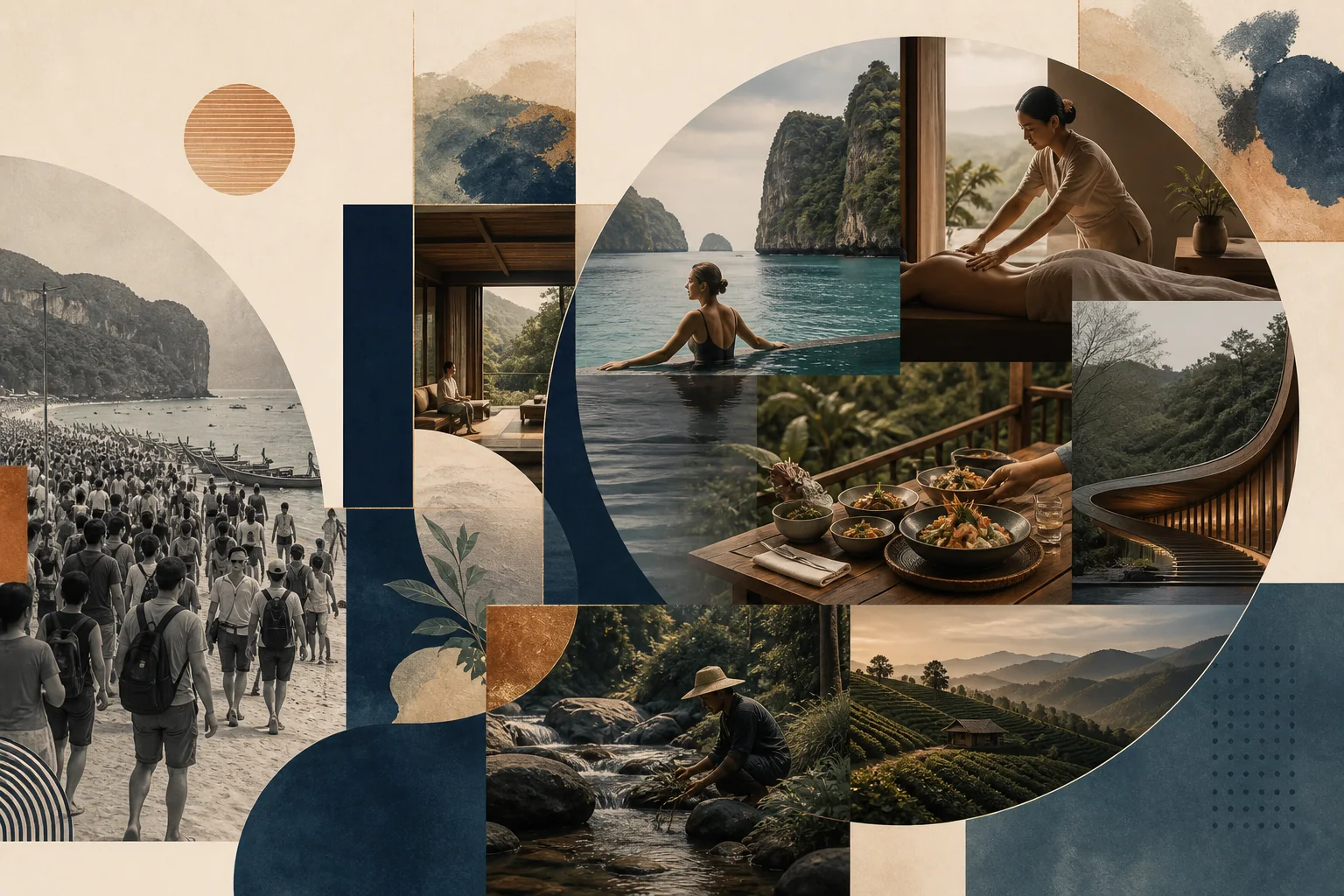 Editorial illustration of a Thai tourist destination with spending flow visualization
